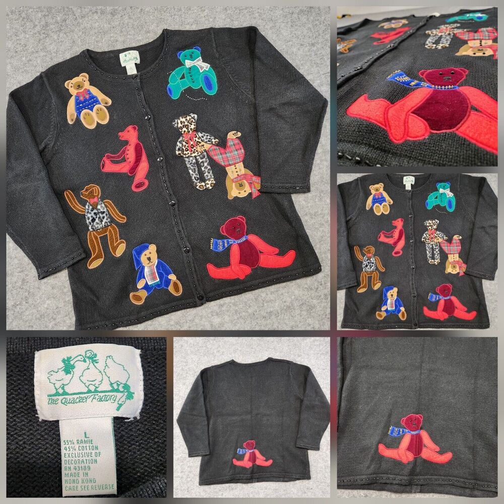 VTG Quacker Factory Womens 1X XL Teddy Bear Embroidered Knit‎ Cardigan Sweater